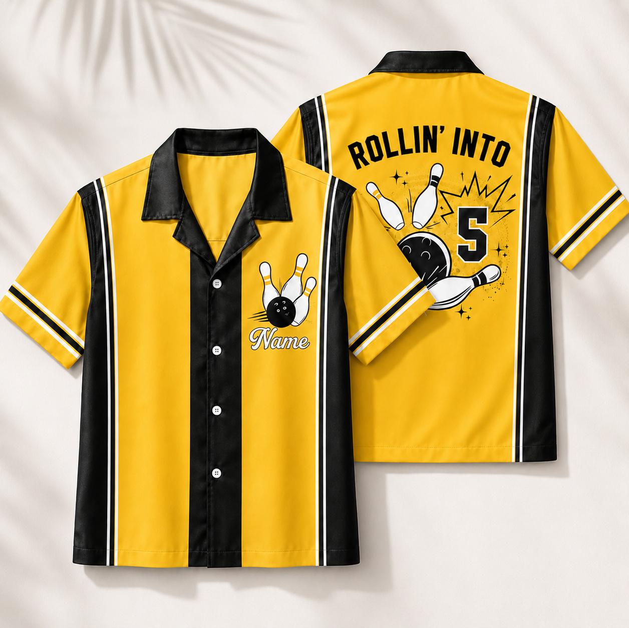 Red bowling shirt with retro bowling pin and ball back design
