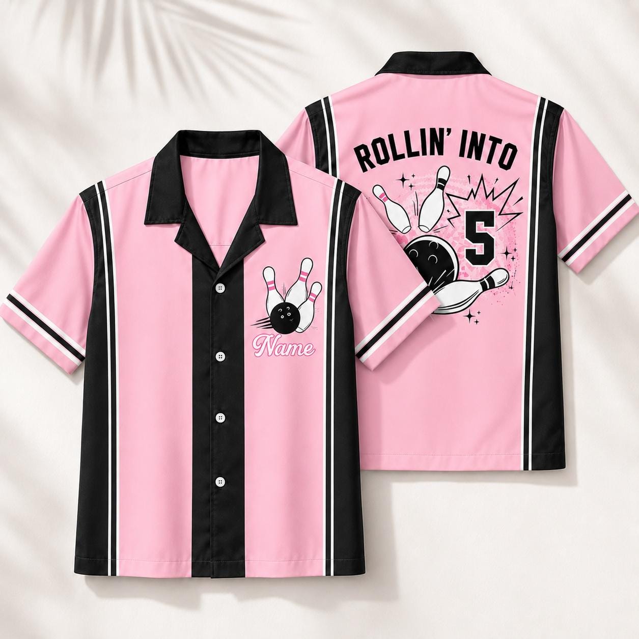 Five bowling shirt colorways in teal, red, yellow, light blue, and pink