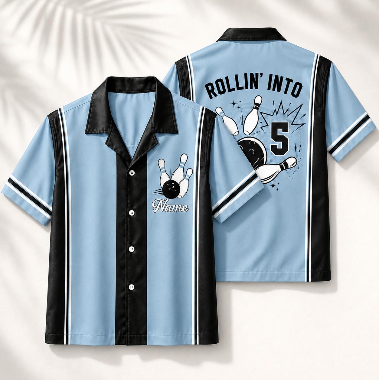 Yellow bowling shirt with black trim and bowling artwork