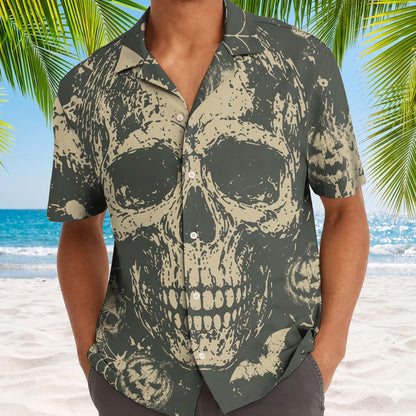 Close-up of the skull graphic and button front on a Hawaiian shirt
