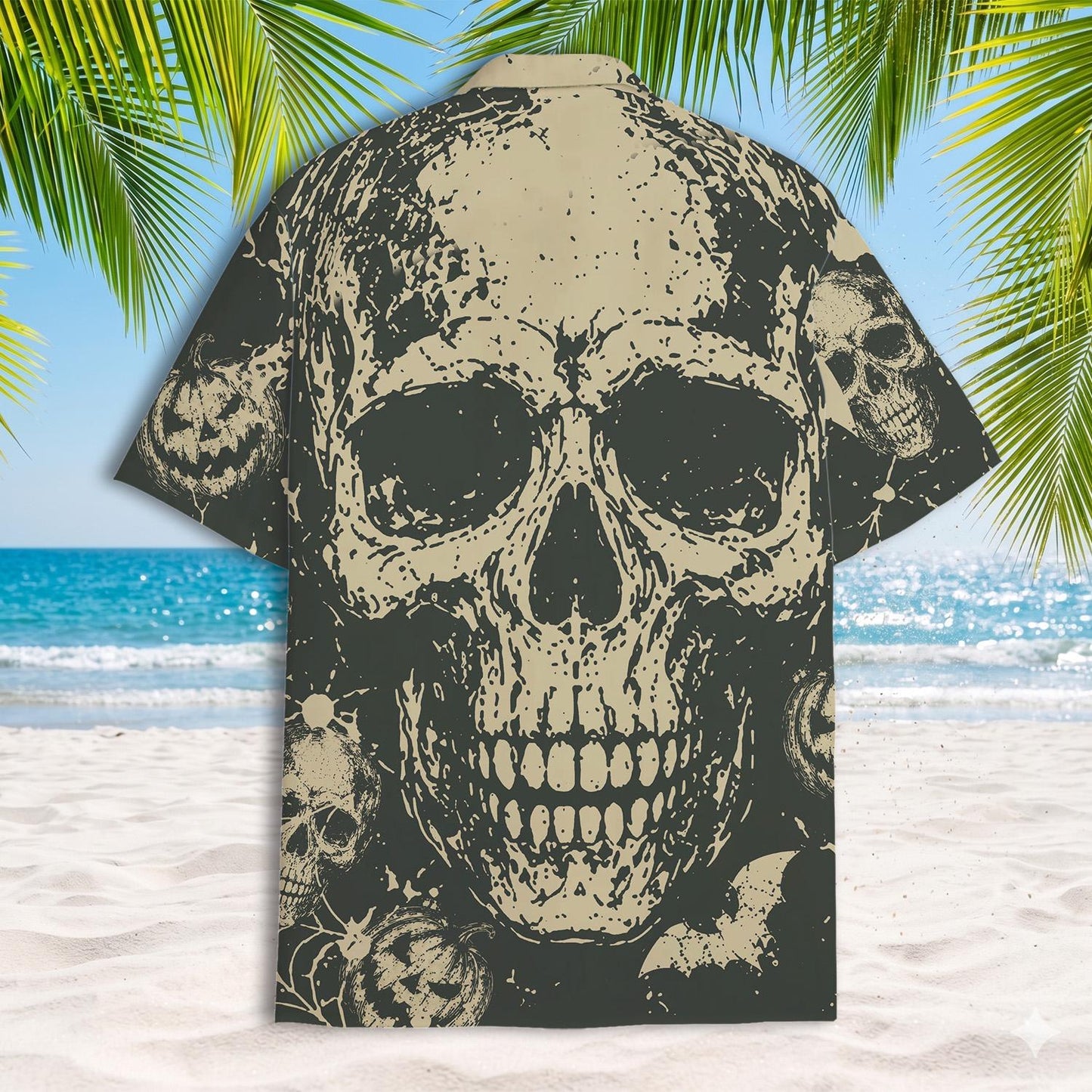 Back view of Hawaiian shirt featuring a large full skull graphic
