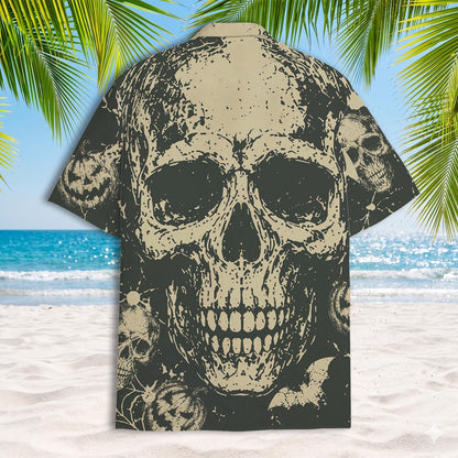 Back view of Hawaiian shirt featuring a large full skull graphic