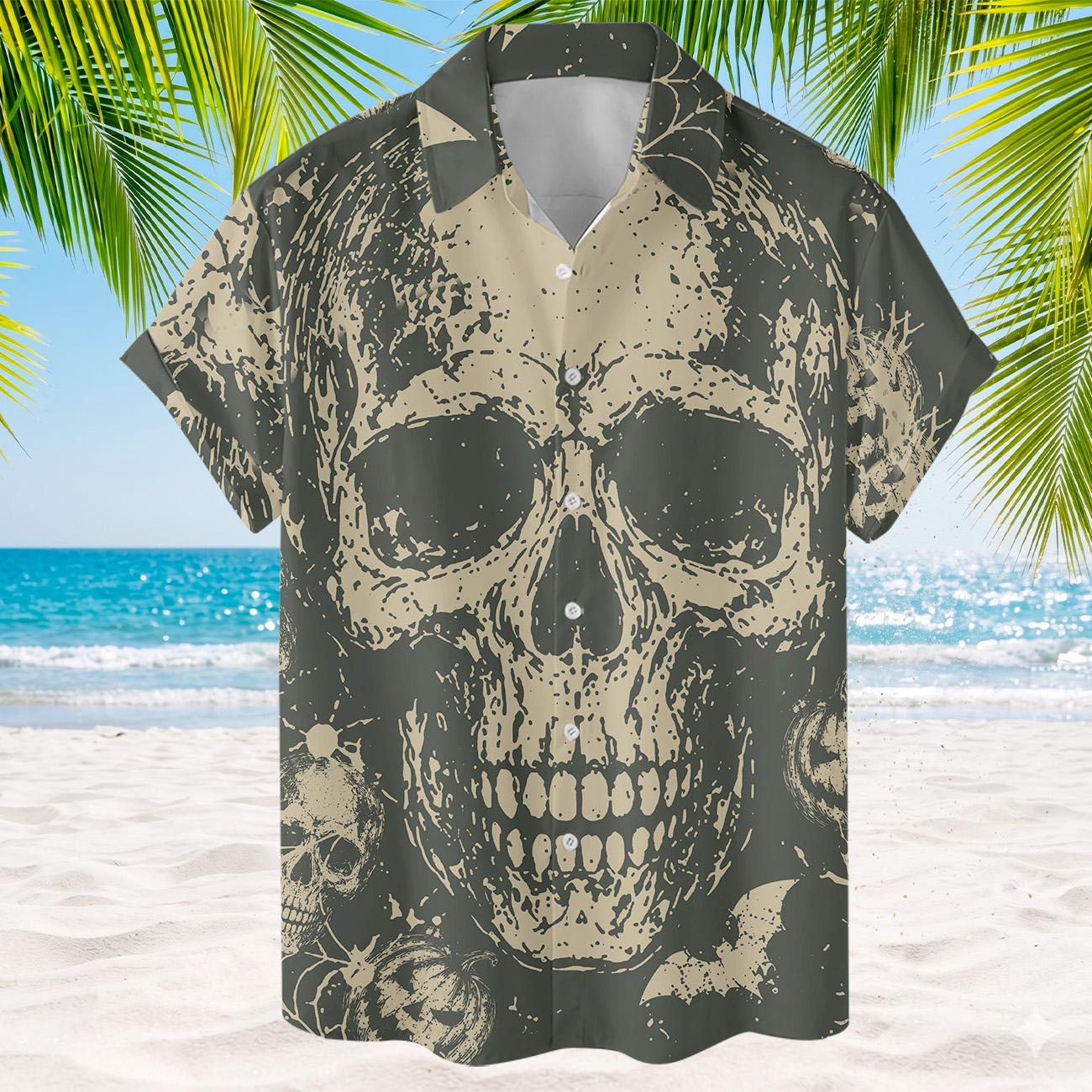 Front view of short sleeve button-up Hawaiian shirt with distressed skeleton design