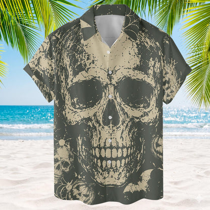 Front view of short sleeve button-up Hawaiian shirt with distressed skeleton design