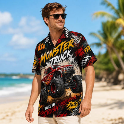 Model wearing the monster truck Hawaiian shirt at the beach, front view