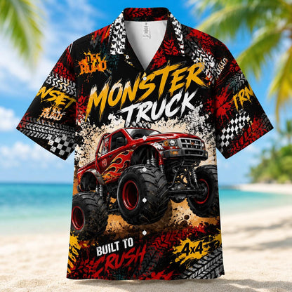 Close front view of monster truck Hawaiian shirt featuring bold off-road lettering and checkered details
