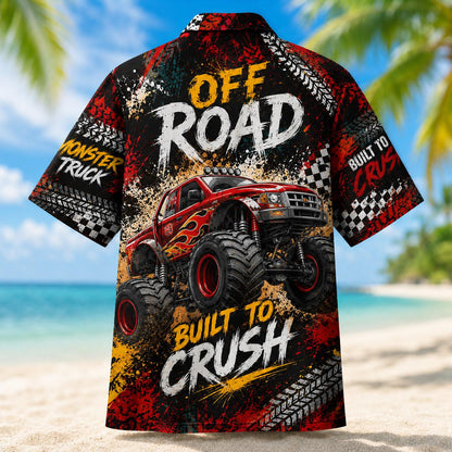Back view of monster truck Hawaiian shirt with Off Road text and red lifted truck graphic