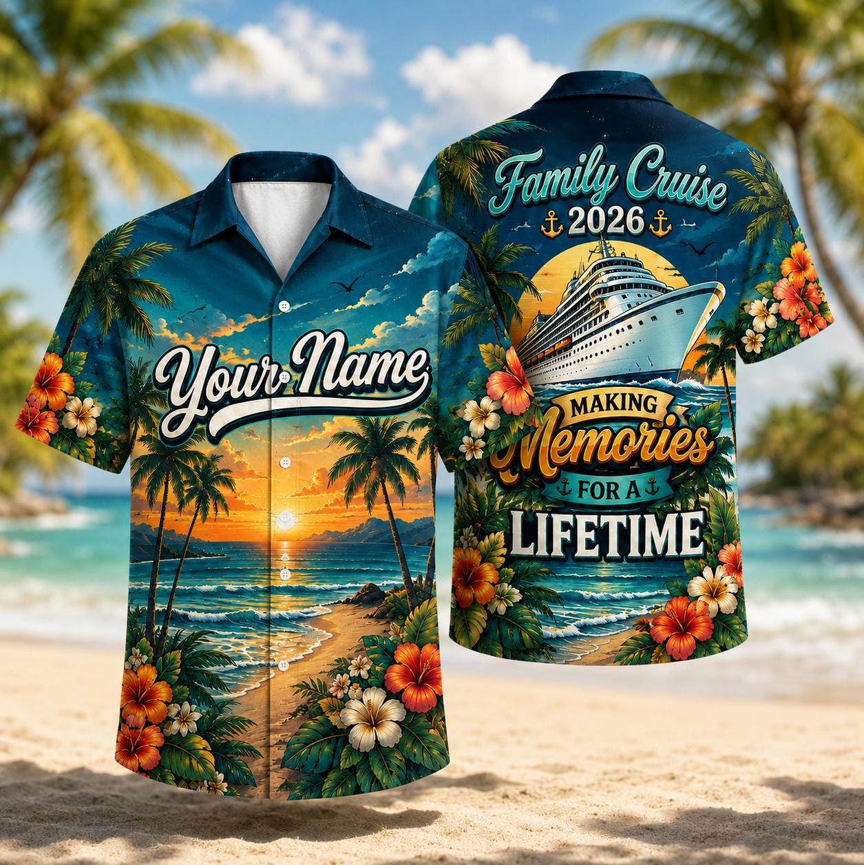 Front view of a personalized tropical Hawaiian shirt with a beach sunset and Your Name design