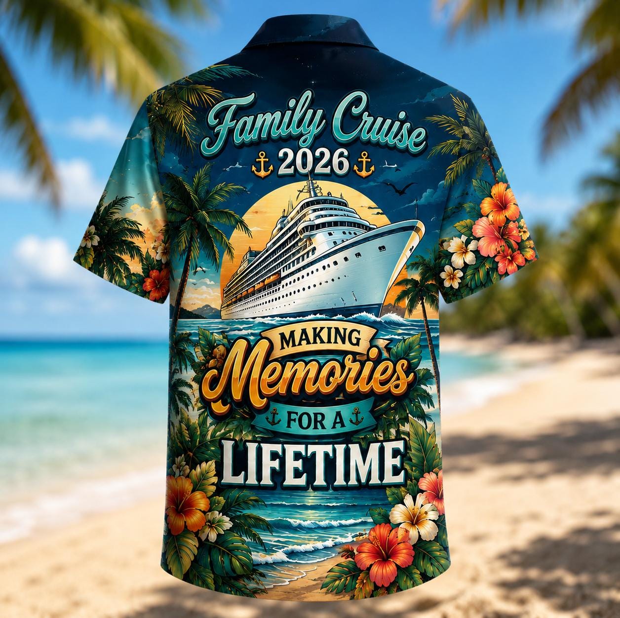 Close back view showing Family Cruise 2026 cruise ship and tropical floral design
