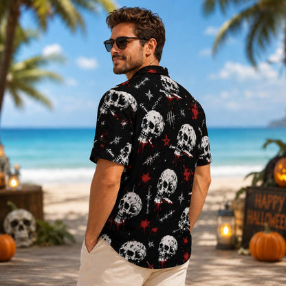 Side view of a man wearing a short-sleeve skull Hawaiian shirt