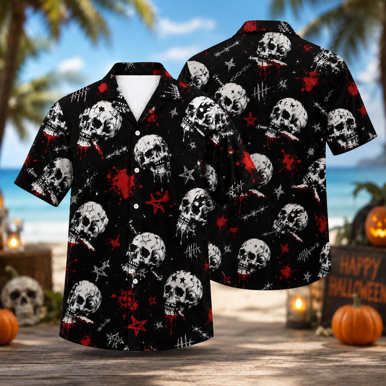 Black and red skull Hawaiian shirt shown from the front and back
