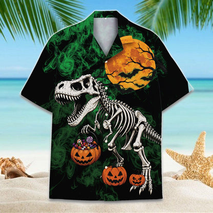 Front view of a black Halloween Hawaiian shirt with a skeleton T-Rex, orange moon, green smoke, and jack-o'-lanterns
