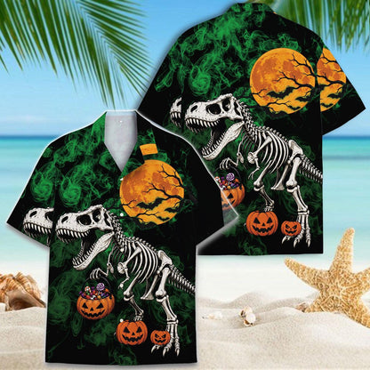 Two views of a black skeleton dinosaur Halloween Hawaiian shirt with orange moon and pumpkin graphics
