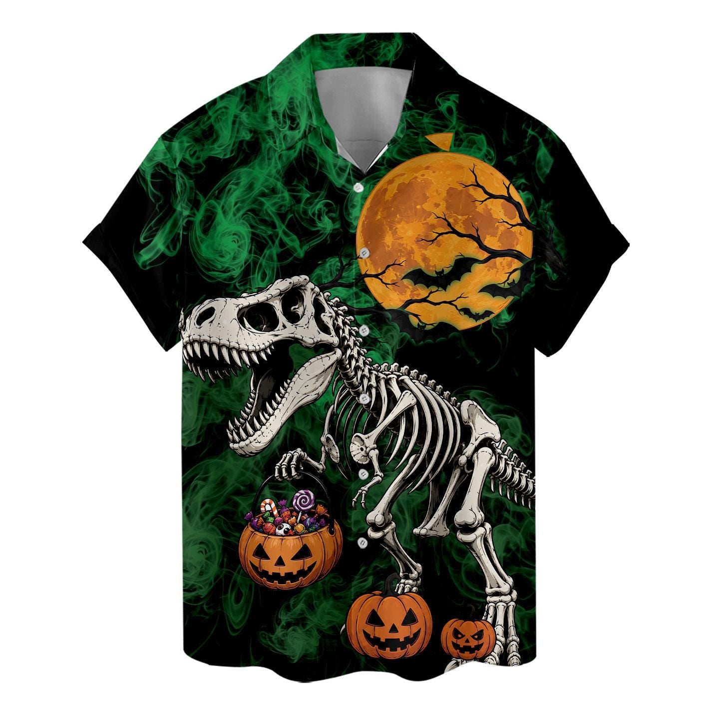 Isolated product view of a black Hawaiian shirt with skeleton T-Rex Halloween artwork