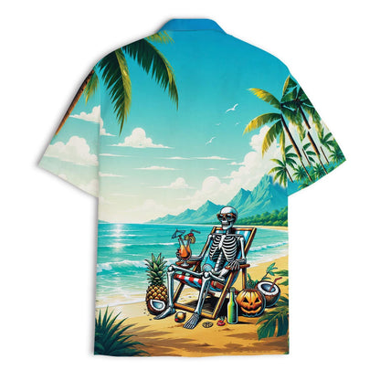 Flat product view of skeleton beach Hawaiian shirt with pineapple, pumpkin and tropical drinks