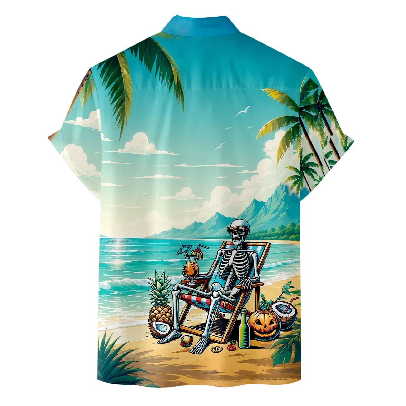 Back view of tropical Hawaiian shirt with skeleton beach scene, palms and distant mountains