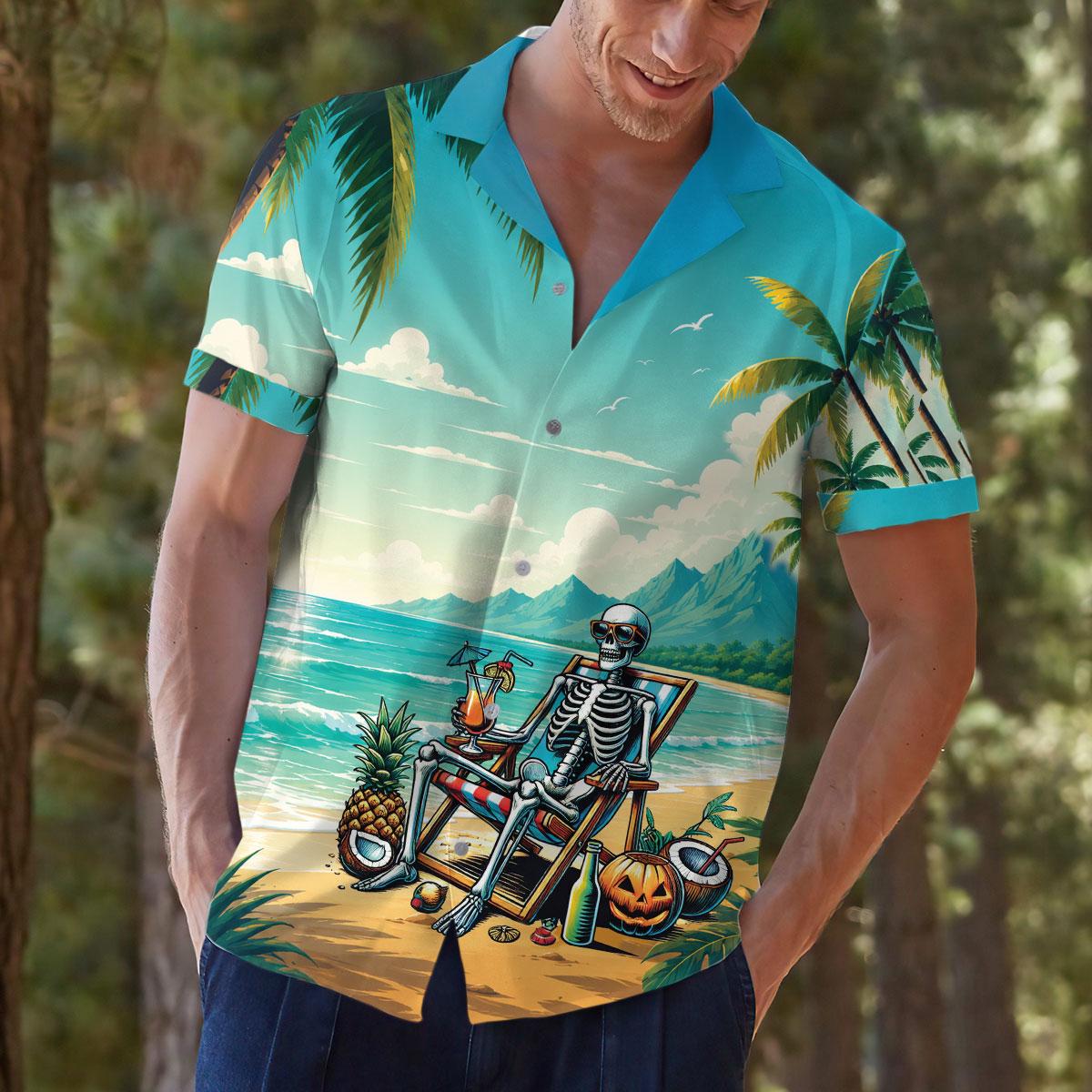 Person wearing a turquoise skeleton beach Hawaiian shirt outdoors