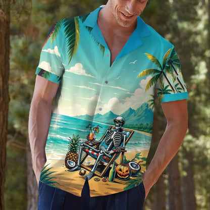 Person wearing a turquoise skeleton beach Hawaiian shirt outdoors