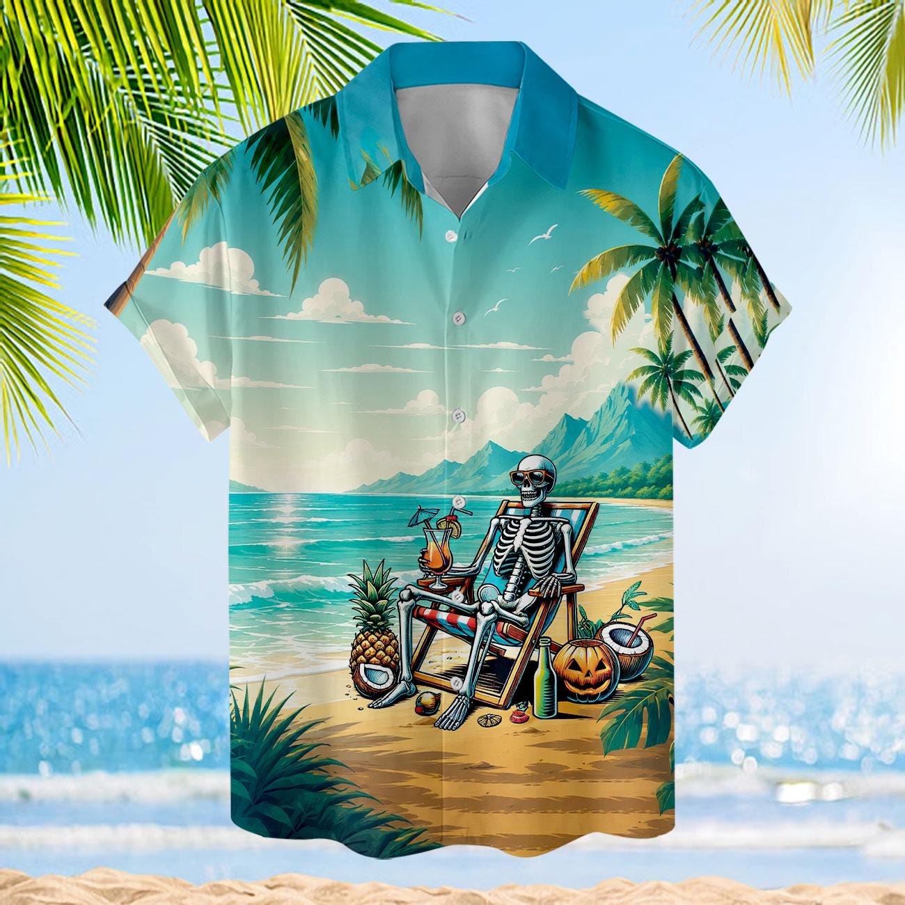 Front view of turquoise Hawaiian shirt featuring a skeleton relaxing on a beach