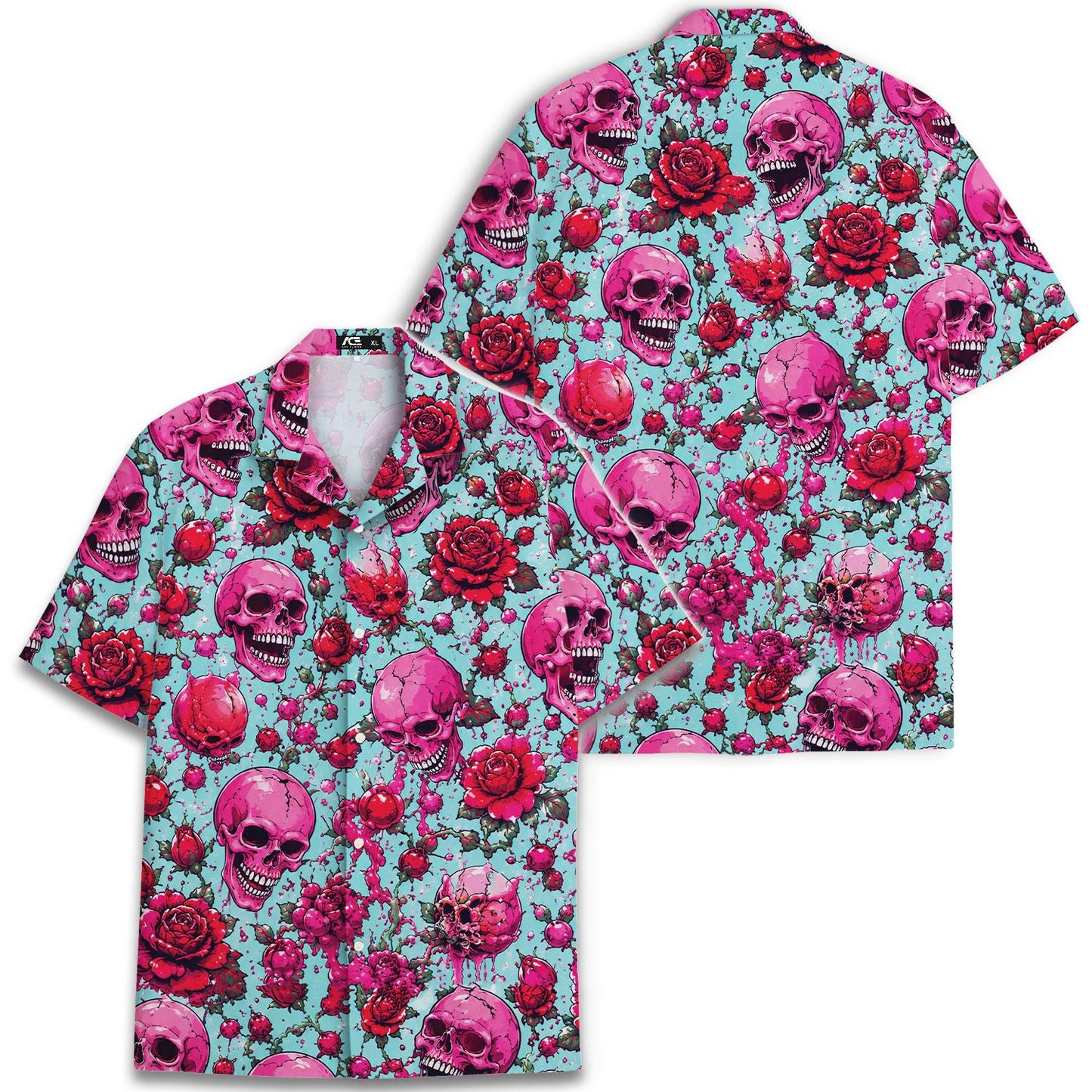Two views of a turquoise gothic Hawaiian shirt with skull and rose artwork