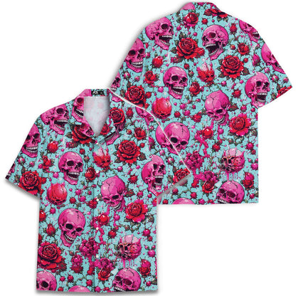 Two views of a turquoise gothic Hawaiian shirt with skull and rose artwork