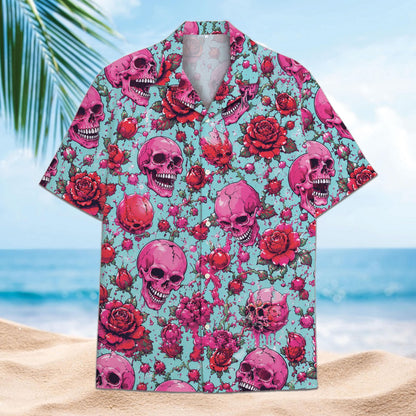 Back view of a pink skull and red rose Hawaiian shirt on a turquoise background