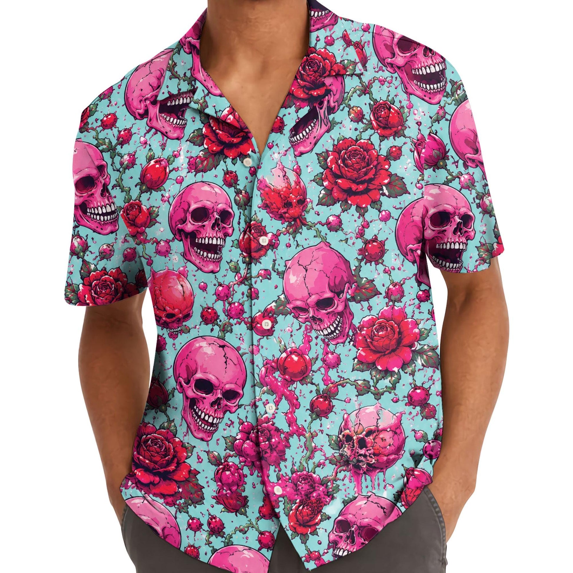 Model wearing a pink skull and red rose short-sleeve Hawaiian shirt