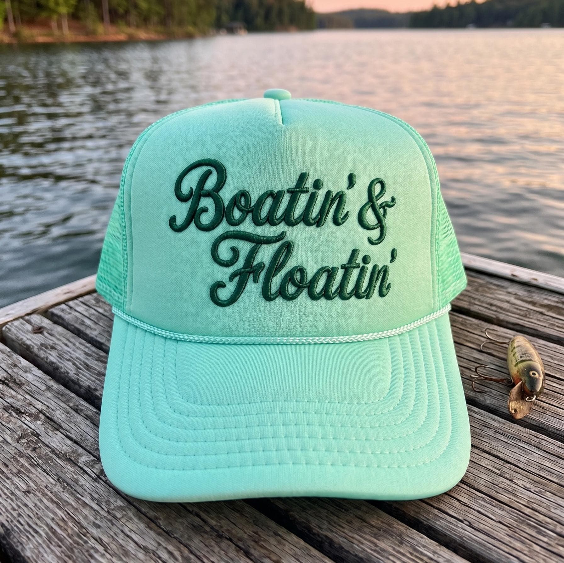 Aqua Boatin' & Floatin' embroidered trucker hat resting on a lakeside dock