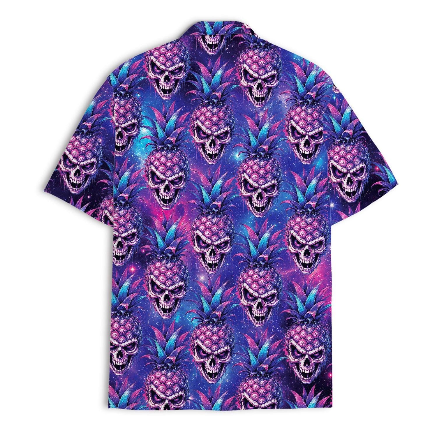 Back view of pineapple skull Hawaiian shirt with repeating tropical graphic pattern