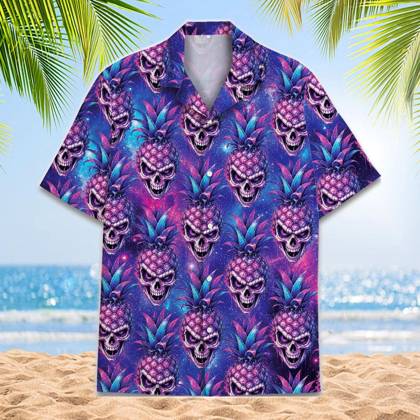 Pineapple skull Hawaiian shirt with a vibrant purple and blue tropical print on a beach