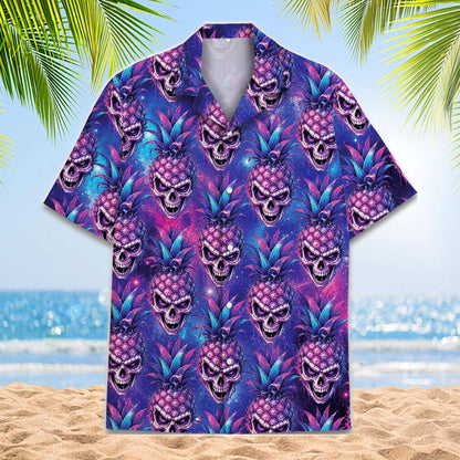 Pineapple skull Hawaiian shirt with a vibrant purple and blue tropical print on a beach