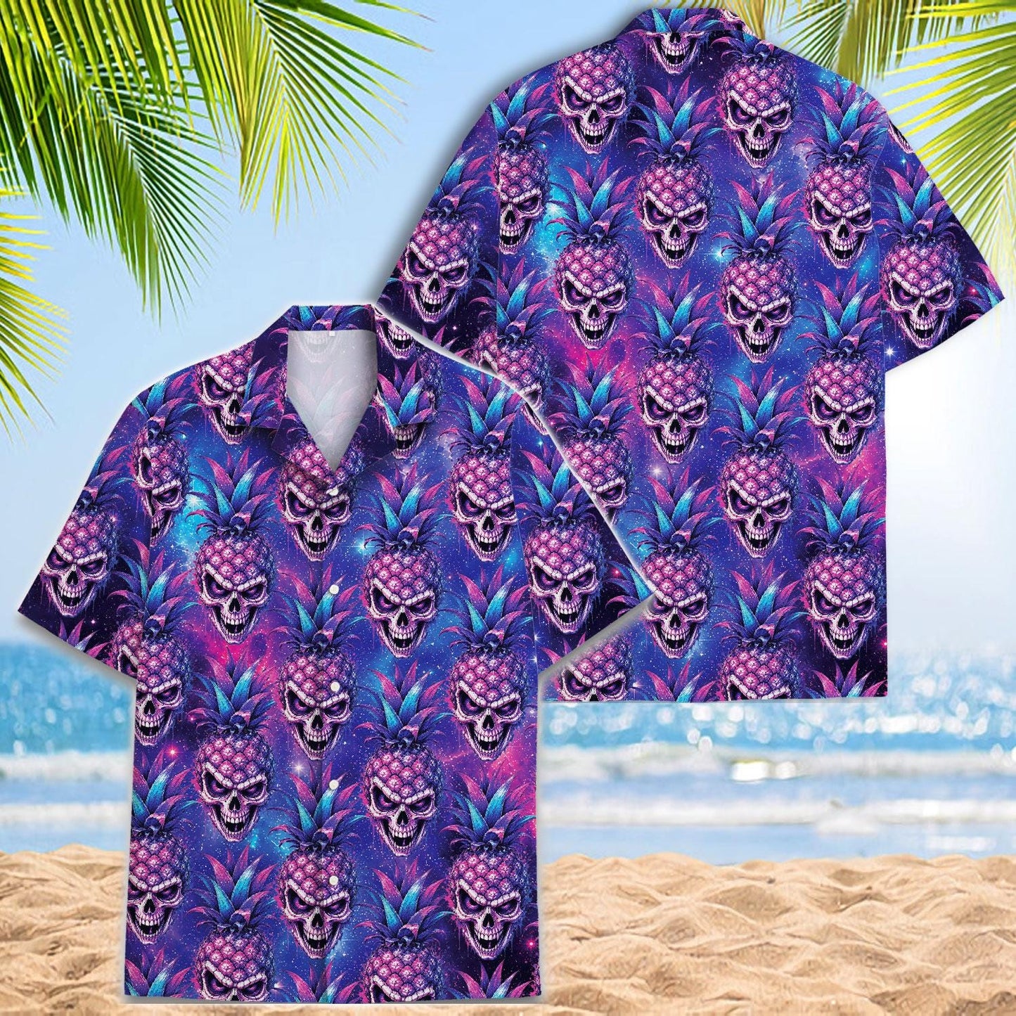 Front view of pineapple skull Hawaiian shirt showing its short sleeves and open collar