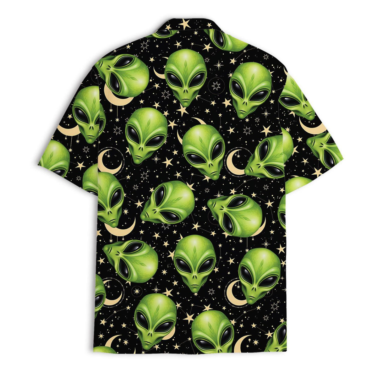 Back view of a black alien print Hawaiian shirt with green faces, stars, and crescent moons
