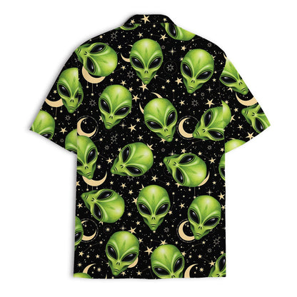 Back view of a black alien print Hawaiian shirt with green faces, stars, and crescent moons