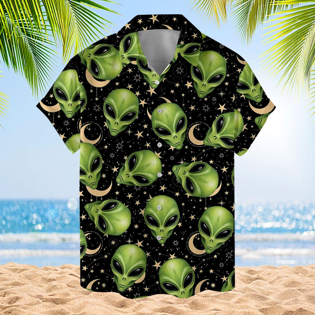 Front view of a short-sleeve alien Hawaiian shirt with a button-front collar and cosmic print
