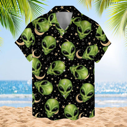 Front view of a short-sleeve alien Hawaiian shirt with a button-front collar and cosmic print