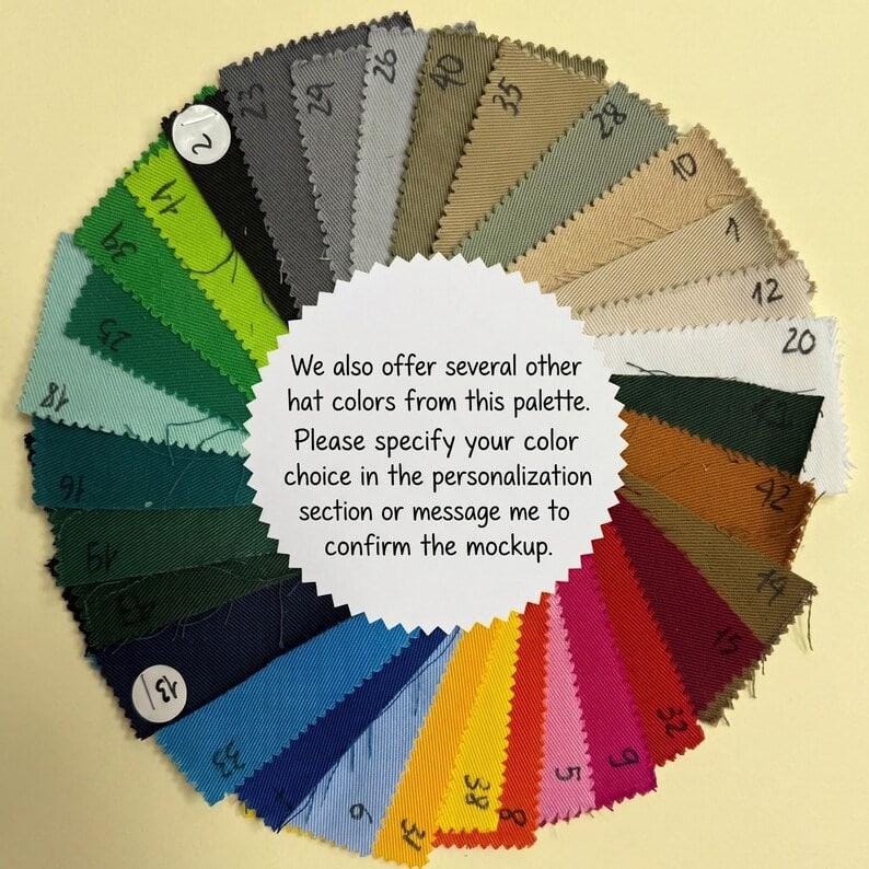 Embroidery and hat fabric color swatch wheel showing a wide range of available color references