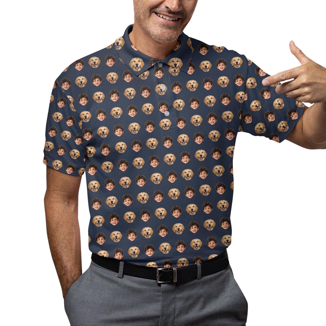 Person wearing the patterned navy child and dog face shirt with gray trousers