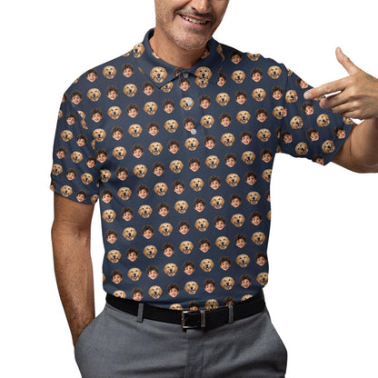 Person wearing the patterned navy child and dog face shirt with gray trousers