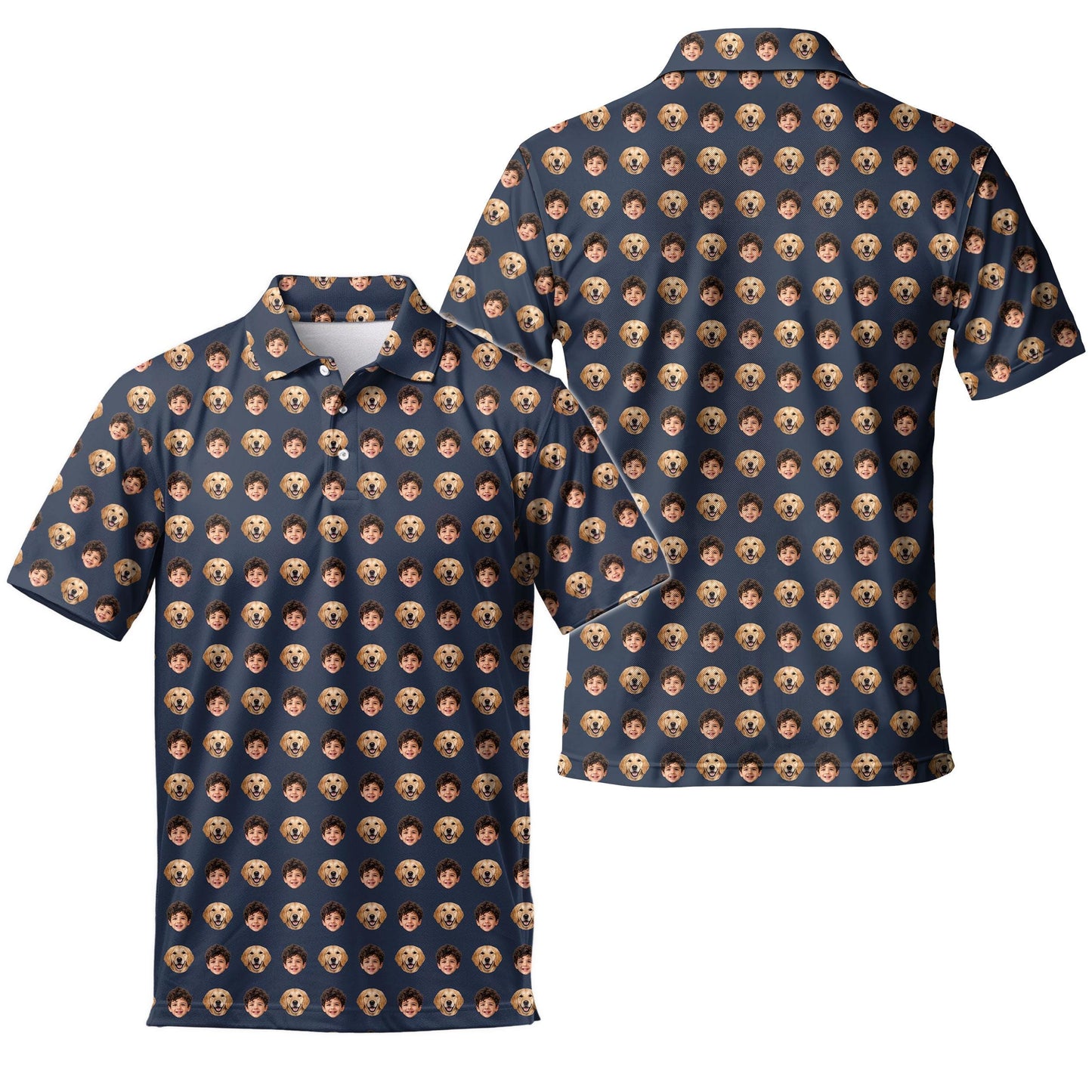 Front and back views of a navy Hawaiian shirt with a repeating child and golden retriever face pattern