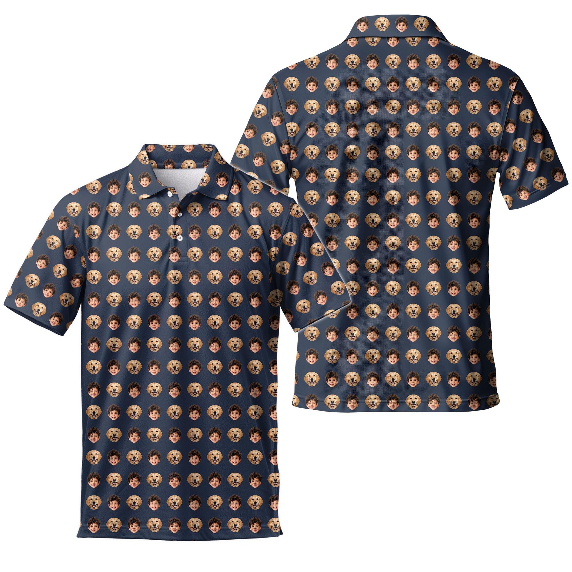Front and back views of a navy Hawaiian shirt with a repeating child and golden retriever face pattern