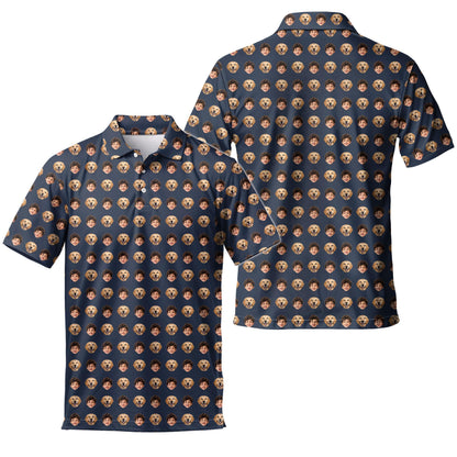 Front and back views of a navy Hawaiian shirt with a repeating child and golden retriever face pattern