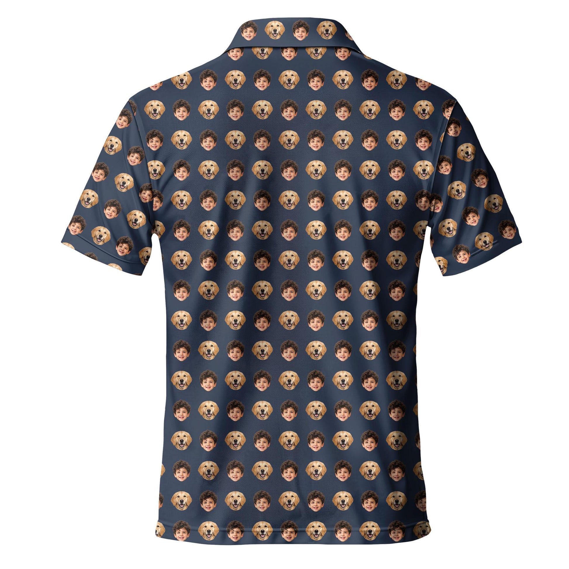 Back view showing the allover child and golden retriever face pattern on the navy shirt