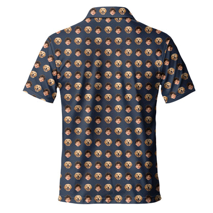 Back view showing the allover child and golden retriever face pattern on the navy shirt