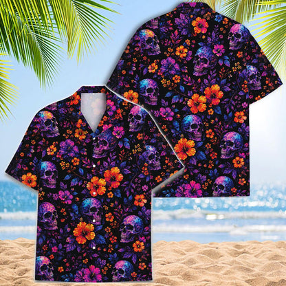 Back view of a colorful skull and tropical flower Hawaiian shirt on a beach background