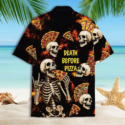 Back view of skeleton and pizza Hawaiian shirt with Death Before Pizza design