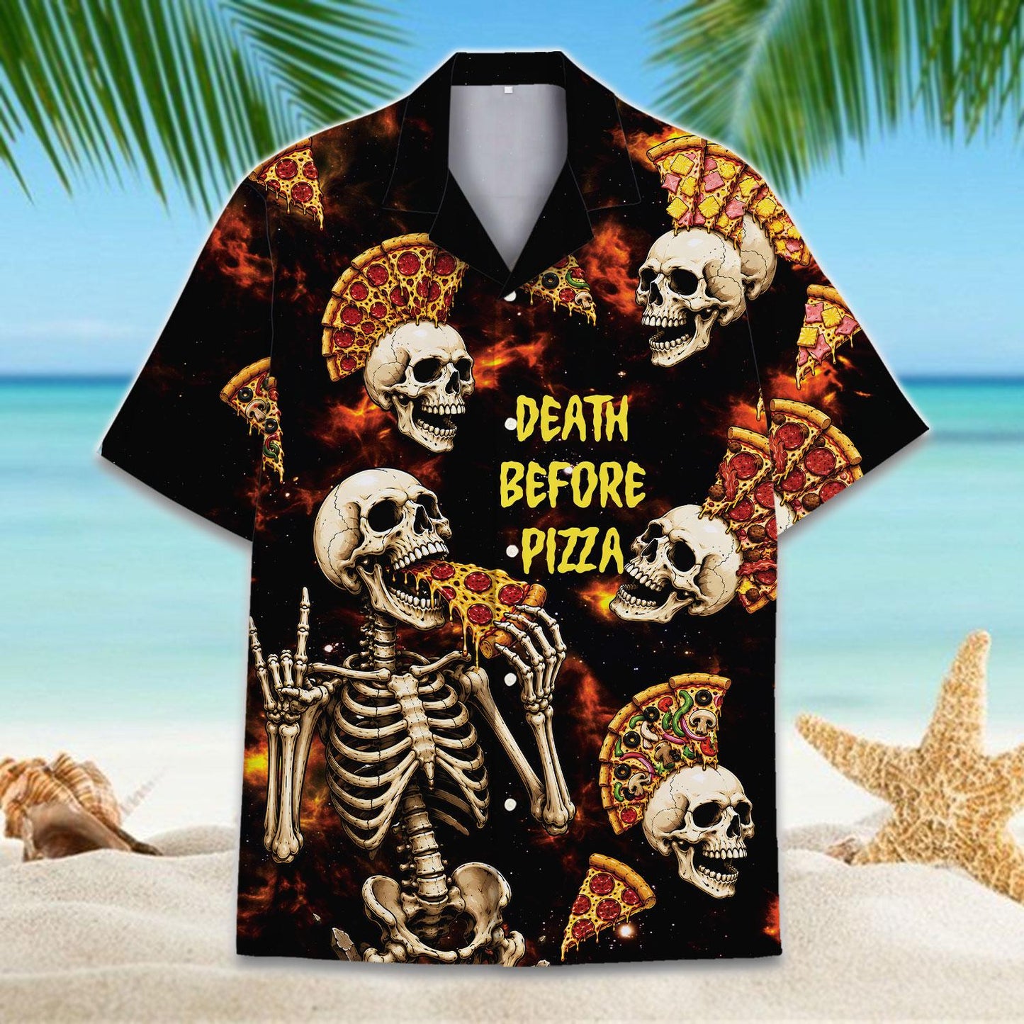 Black Hawaiian shirt with skeletons, pizza slices, and Death Before Pizza lettering