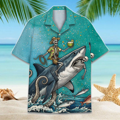 Front and back view of a turquoise skeleton shark Hawaiian shirt with ocean artwork