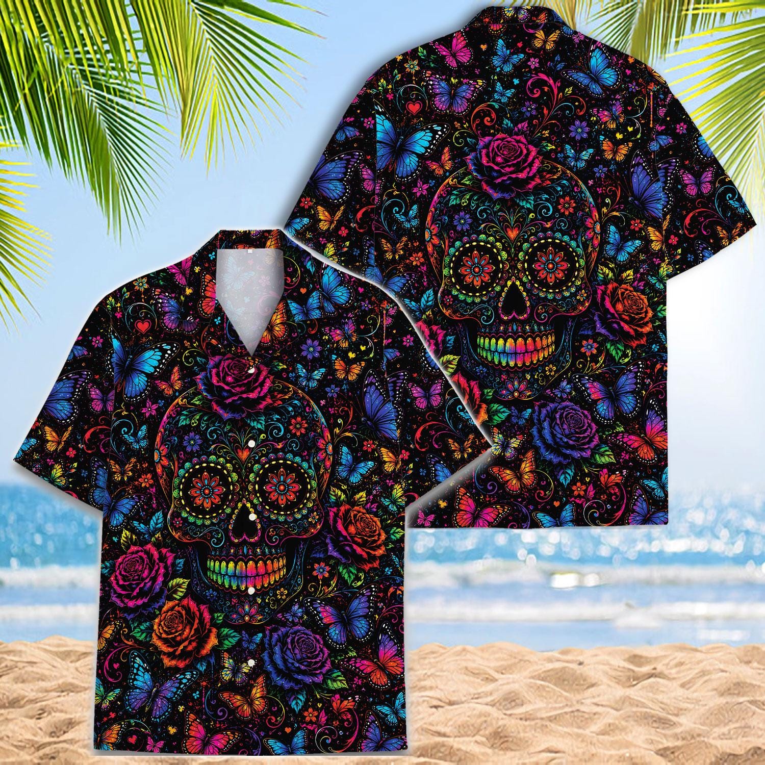 Two matching sugar skull Hawaiian shirts displayed against a tropical beach background