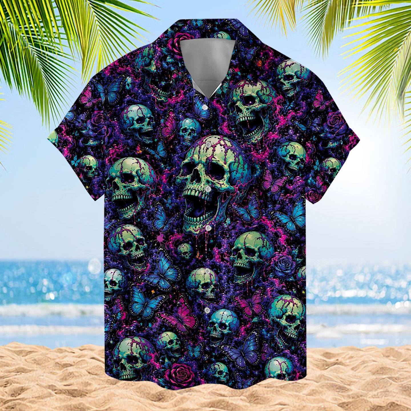 Front view of a short-sleeve skull Hawaiian shirt with vivid floral details